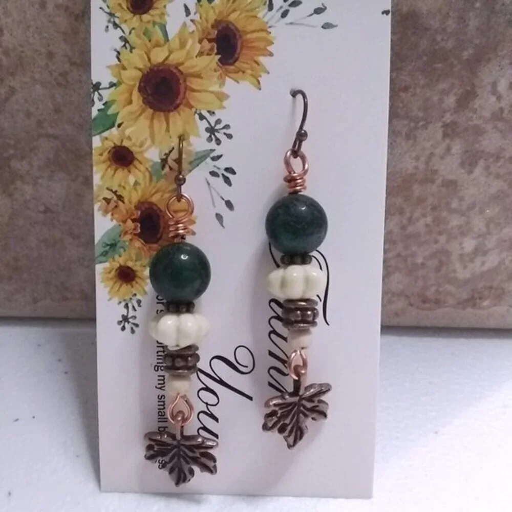 Copper Maple Leaf + Stone Beads Dangle Earrings | Fall Countrycore Cabincore - Picture 7 of 12